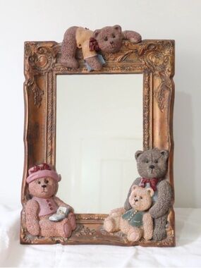 Vintage 1996 Figi Graphics Heavy Framed Mirror Country Primitive Bear Friends